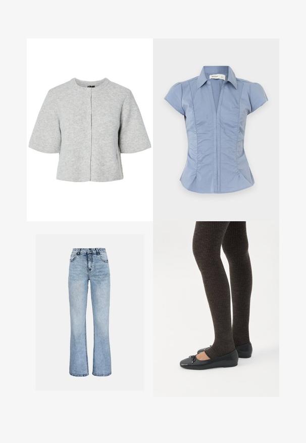 Grijze kortärmelig vest van geribbelde stof met een ronde halslijn en vier knopen aan de voorkant. Eenvoudig en kort ontwerp.; Lichtblauw shirt met korte mouwen, een kraag, verticale naden en subtiele plooien aan de zijkanten, gemaakt van een glad textiel.; Lichtblauwe jeans met hoge taille, voorste knoop, rits, twee voorzakken en licht uitlopende pijpen.; Benen met donkere geribbelde leggings gecombineerd met zwarte ballerina's met kleine strikdetails op een witte achtergrond.