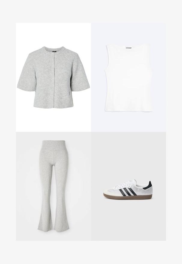 Cárdigan gris de manga corta hecho de tela acanalada con cuello redondo y cuatro botones en la parte delantera. Diseño sencillo y corto.; Camiseta sin mangas blanca ajustada con escote redondo y diseño minimalista, etiquetada como "WEEKDAY" en el interior del cuello.; Leggings en color gris con campana, hechos de una tela suave, que presentan una cintura elástica y una textura lisa, que se ensanchan hacia el dobladillo.; Zapatilla blanca de malla con rayas negras, puntera y detalle en el talón de ante beige, suela de goma texturizada y cordones blancos. Diseño clásico de corte bajo.