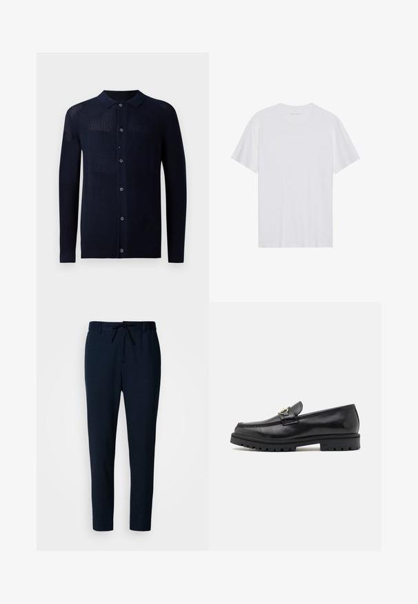 Cárdigan marino con cierre de botones, cuello y patrones de textura variados. Presenta mangas largas y un ajuste casual. Fabricado con un material de punto suave.; Camiseta de algodón blanca con mangas cortas, cuello redondo y una textura suave. Presenta una marca mínima en el escote.; Pantalones azul marino hechos de un tejido suave y ligero. Cuentan con cintura ajustable con cordón, piernas entalladas y una textura lisa.; Mocasines de cuero negro con un acabado suave, punta redonda, una tira decorativa con herraje dorado y una suela negra robusta.