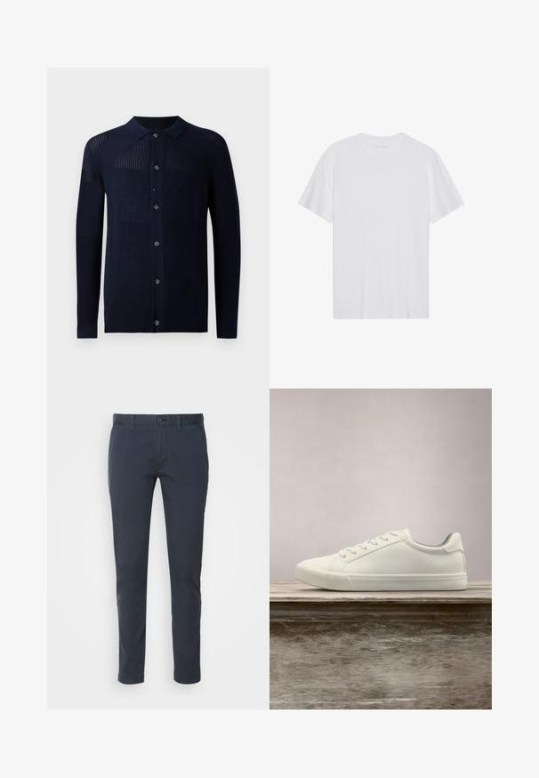 Cárdigan marino con cierre de botones, cuello y patrones de textura variados. Presenta mangas largas y un ajuste casual. Fabricado con un material de punto suave.; Camiseta de algodón blanca con mangas cortas, cuello redondo y una textura suave. Presenta una marca mínima en el escote.; Chinos azul marino hechos de algodón ligero, con un corte recto, cierre de botón y bolsillos delanteros. Textura suave con un mínimo de detalles.; Zapatilla blanca con cordones flotando sobre un banco de madera con follaje verde al fondo, mostrando el diseño y la textura del zapato.