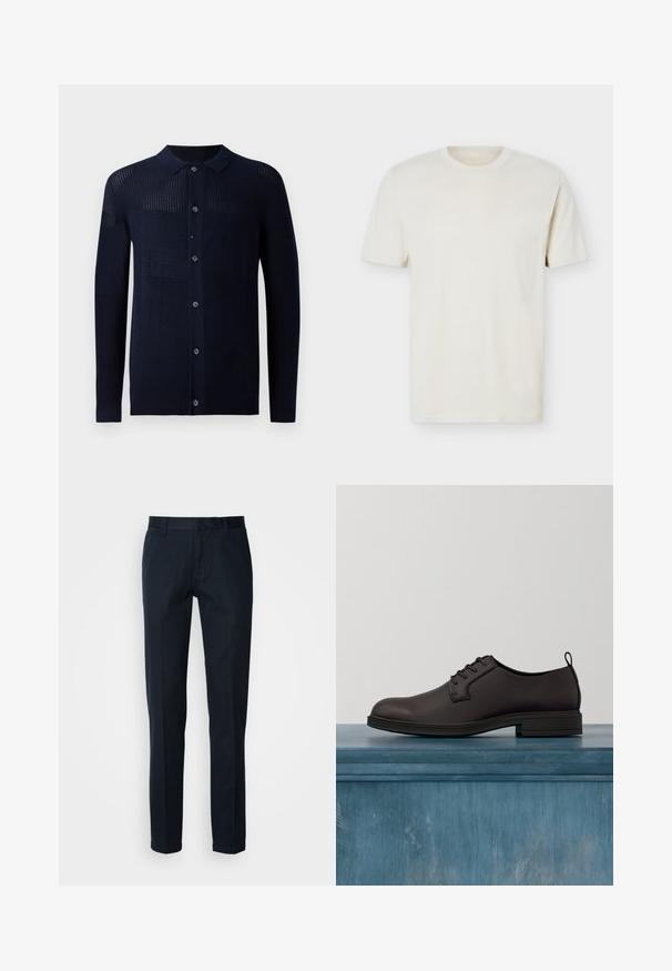 Cárdigan marino con cierre de botones, cuello y patrones de textura variados. Presenta mangas largas y un ajuste casual. Fabricado con un material de punto suave.; Camiseta lisa de algodón color blanco hueso, cuello redondo y manga corta, con un logo sutil en el pecho izquierdo, presentada sobre un fondo blanco plano.; Pantalones ajustados de color azul marino oscuro en tela de mezcla de algodón. Presentan trabillas para cinturón, bolsillos delanteros y una textura suave. Diseño de pierna recta y ajustada.; Zapato de cuero marrón oscuro con textura lisa, diseño con cordones, punta redondeada y una suela baja de goma negra. Detallado con una lengüeta trasera para tirar.