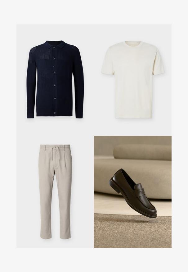 Marineblå cardigan med knaplukning, krave og varierede teksturmønstre. Har lange ærmer og en afslappet pasform. Fremstillet af et blødt strikmateriale.; Simpel, off-white T-shirt med korte ærmer og rund hals, med diskret logo på venstre bryst, vist mod en hvid flad baggrund.; Lys beige bukser med lige ben, bæltestropper, frontknap, lynlås, snøre ved taljen og sidelommer.; En enkelt mørkebrun læderloafer svæver over et beige, tekstureret tæppe, med en sløret beige sofa i baggrunden.