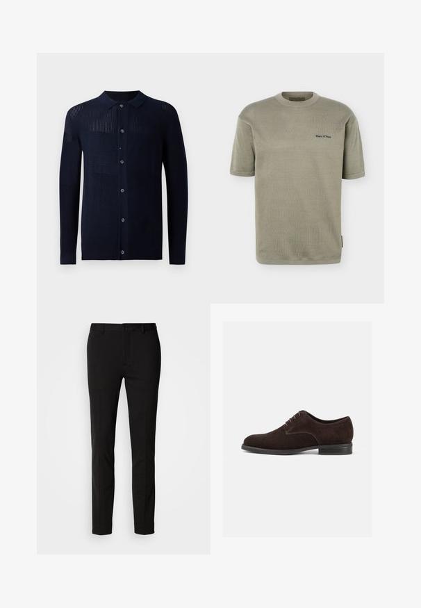 Cárdigan marino con cierre de botones, cuello y patrones de textura variados. Presenta mangas largas y un ajuste casual. Fabricado con un material de punto suave.; Camiseta de punto de manga corta en verde oliva claro con cuello redondo y pequeño logo negro "Marc O'Polo" en el pecho izquierdo.; Pantalón negro de corte ajustado, con cierre de botón y trabillas para cinturón. Fabricado en una tela suave con un ligero brillo, sin patrones visibles.; Zapato de vestir de ante marrón con punta redondeada, costuras sutiles, seis ojetes y un tacón bajo apilado. Textura suave y diseño minimalista.