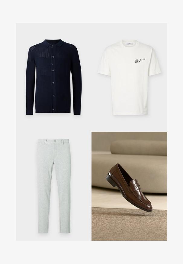 Marineblå cardigan med knaplukning, krave og varierede teksturmønstre. Har lange ærmer og en afslappet pasform. Fremstillet af et blødt strikmateriale.; Hvid T-shirt med korte ærmer og rund halsudskæring med "Marc O’Polo Denim"-logo trykt i sort på venstre bryst.; Lysegrå chinos med en glat tekstur, skræddersyet pasform, knaplukning og subtilt lodret ribbet mønster. Forlommer og bæltestropper medfølger.; Brun læderloafer med et struktureret mønster, der svæver over et beige tæppe med en matchende beige sofa i baggrunden.