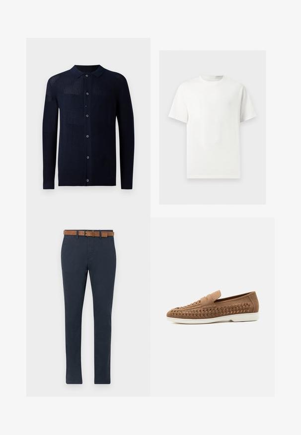 Marineblå cardigan med knaplukning, krave og varierede teksturmønstre. Har lange ærmer og en afslappet pasform. Fremstillet af et blødt strikmateriale.; Enkelt hvid T-shirt med korte ærmer og rund hals vist på en lysegrå baggrund.; Mørkeblå chinos lavet af bomuld med en glat tekstur. Har et brunt ruskindsbælte med spænde og lige ben-design.; Brun ruskindslipper med vævet detaljer på siden og hvid gummisål, vist i profil mod en lys grå baggrund.