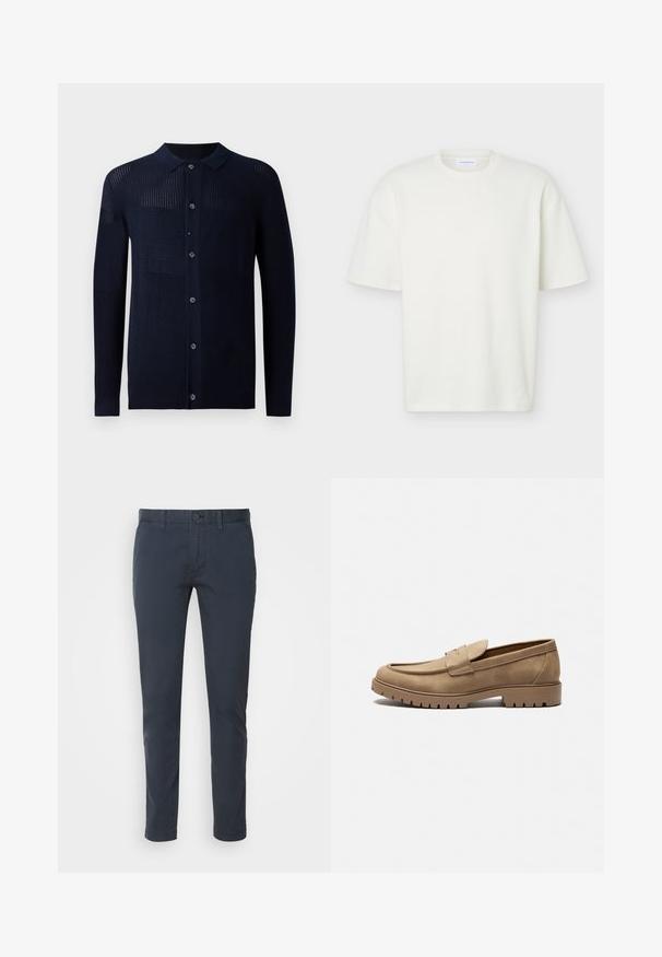 Marineblå cardigan med knaplukning, krave og varierede teksturmønstre. Har lange ærmer og en afslappet pasform. Fremstillet af et blødt strikmateriale.; Hvid tekstureret T-shirt med korte ærmer og rund hals med en almindelig pasform og et lille mærke indeni kraven.; Mørkeblå chinos lavet af letvægts bomuld, med lige snit, knaplukning og front lommer. Glat tekstur med minimal detaljer.; Tan mockasiner i ruskind med rund tå, flad gummisål og dekorative syninger på overdelen. Har et slip-on design uden snørebånd.