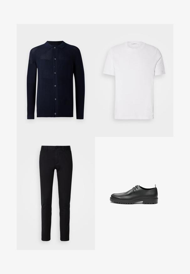 Marineblauwe cardigan met knopen aan de voorkant, kraag en verschillende textuurpatronen. Heeft lange mouwen en een casual pasvorm. Gemaakt van een zacht breimateriaal.; Witte katoenen t-shirt met een ronde hals en korte mouwen. Voorzien van een subtiele merklogo op de voorkant, een gladde textuur en een klassieke pasvorm.; Zwarte broek van glad katoen, met een recht model, voorzakken, een knoopsluiting en een nette afwerking.; Zwarte lederen schoenen met een gladde afwerking, ronde neus en decoratieve stiksels. Beschikt over een rubberen zool met tractiegrepen en een vetersluiting.