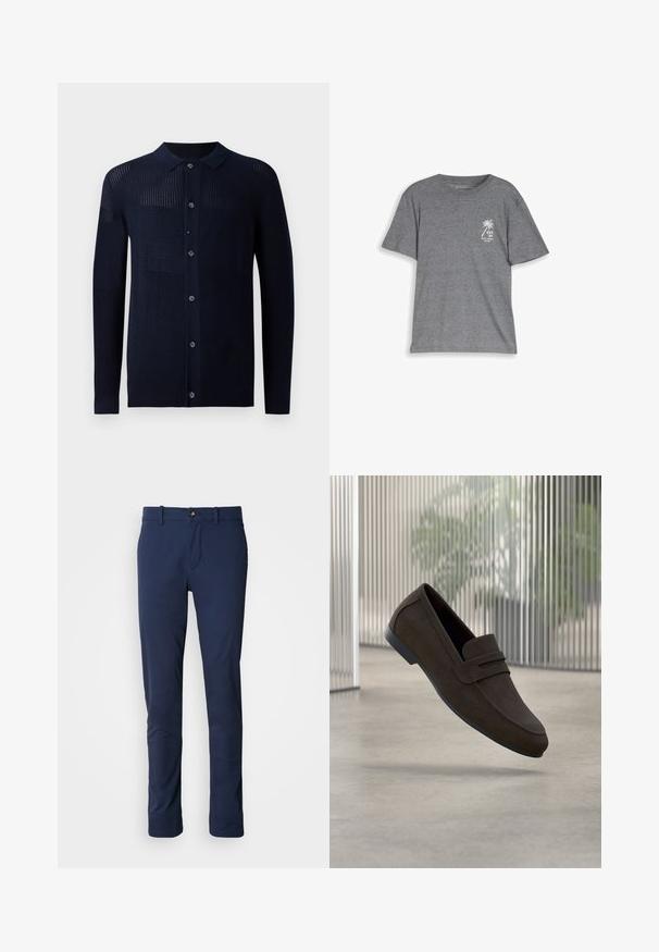 Cárdigan marino con cierre de botones, cuello y patrones de textura variados. Presenta mangas largas y un ajuste casual. Fabricado con un material de punto suave.; Camiseta gris de manga corta con cuello redondo, con gráfico blanco de palmera y texto "EST. 07 Denim Design Studio" en el lado izquierdo del pecho.; Pantalones azul marino de tela suave, con un diseño de pierna recta, cierre de cremallera y un único bolsillo frontal con cierre de botón.; Mocasines de ante marrón con un diseño elegante, que presentan una correa en la parte superior, punta redondeada y una suela de goma plana.