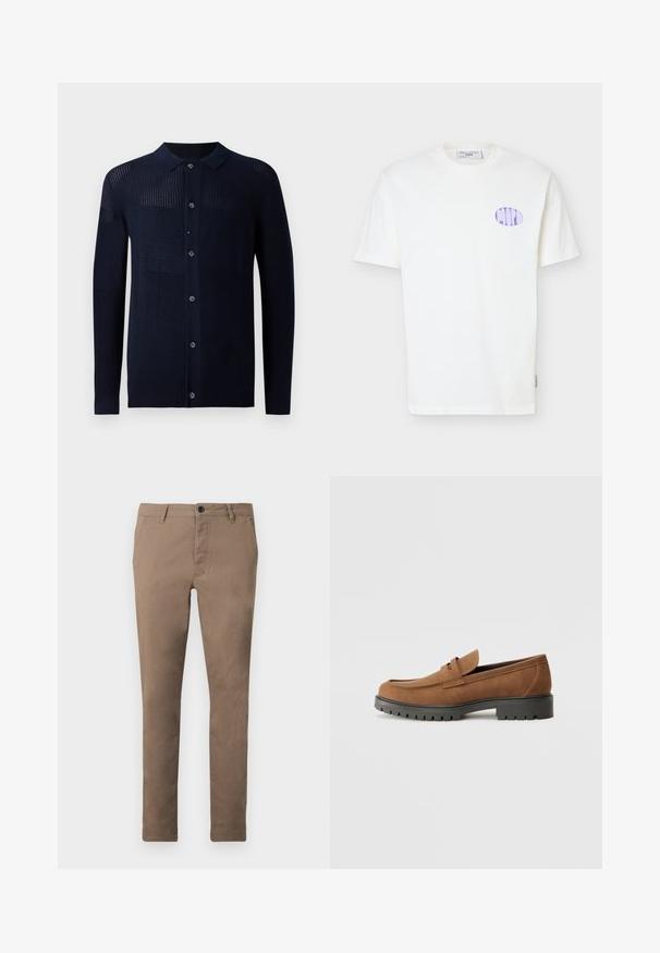 Cárdigan marino con cierre de botones, cuello y patrones de textura variados. Presenta mangas largas y un ajuste casual. Fabricado con un material de punto suave.; Camiseta blanca de algodón de manga corta con un logo ovalado lila en el pecho izquierdo y un cuello redondo.; Pantalones marrones ajustados de hombre con cierre frontal de botón y cremallera, trabillas para cinturón y bolsillos laterales, mostrados planos sobre un fondo blanco.; Mocasines de ante marrón con punta redondeada y una suela de goma negra baja, que presentan una correa decorativa y detalles de costura en la parte superior.