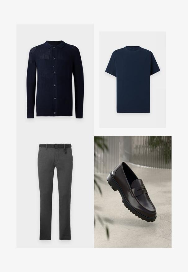 Marineblauwe cardigan met knopen aan de voorkant, kraag en verschillende textuurpatronen. Heeft lange mouwen en een casual pasvorm. Gemaakt van een zacht breimateriaal.; Eenvoudig marineblauw T-shirt met korte mouwen en ronde hals op een witte achtergrond, voorkant zonder zichtbare logo’s of ontwerpen.; Donkergrijze broek van gestructureerde stof, met een zwarte riem, riemlussen en twee zijzakken. Rechte pasvorm, zonder zichtbare patronen.; Bruine leren loafers met een getextureerde, geribbelde rubberen zool. Beschikt over een slank ontwerp en een decoratieve band over de wreef.