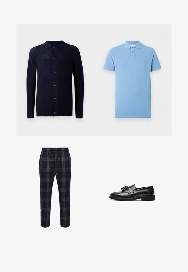 Cárdigan marino con cierre de botones, cuello y patrones de textura variados. Presenta mangas largas y un ajuste casual. Fabricado con un material de punto suave.; Polo azul claro de manga corta con tapeta de dos botones y pequeño logo bordado en el pecho izquierdo.; Pantalones casuales de patrón a cuadros en negro y gris oscuro, con cintura elástica y cordón ajustable, corte recto.; Mocasines de cuero negro con una superficie lisa, punta redondeada y un borlas decorativas en la correa. Suela plana y detalle de costura sutil.