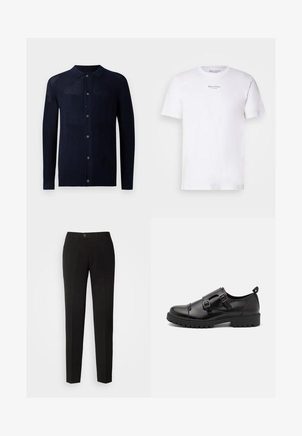 Cárdigan marino con cierre de botones, cuello y patrones de textura variados. Presenta mangas largas y un ajuste casual. Fabricado con un material de punto suave.; Camiseta blanca de manga corta de algodón con cuello redondo. Presenta el logo "Marc O'Polo" en negro en el pecho. Textura suave, diseño minimalista.; Pantalones rectos negros de tejido suave, con cierre de botón y bolsillos laterales con un diseño clásico.; Pier One by Zalando Mocasines elegantes - black