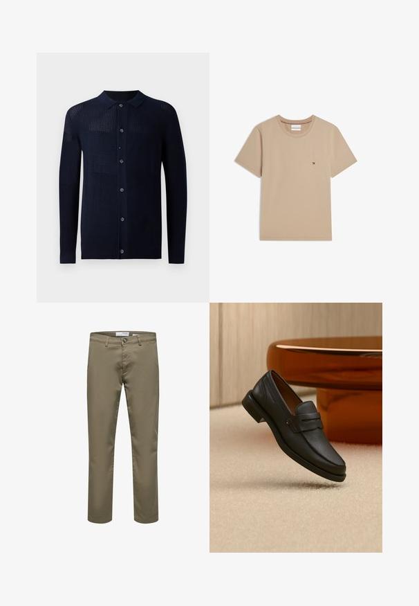 Marineblå cardigan med knaplukning, krave og varierede teksturmønstre. Har lange ærmer og en afslappet pasform. Fremstillet af et blødt strikmateriale.; Beige T-shirt med korte ærmer og rund halsudskæring med lille Tommy Hilfiger-logo på venstre bryst.; Herre straight-leg beige bukser med bæltestropper, knaplukning og forlommer, vist på en hvid baggrund.; Sort læder herreloafer med bånd tværs over toppen, vist på beige tæppe nær et brunt moderne rundt bord.