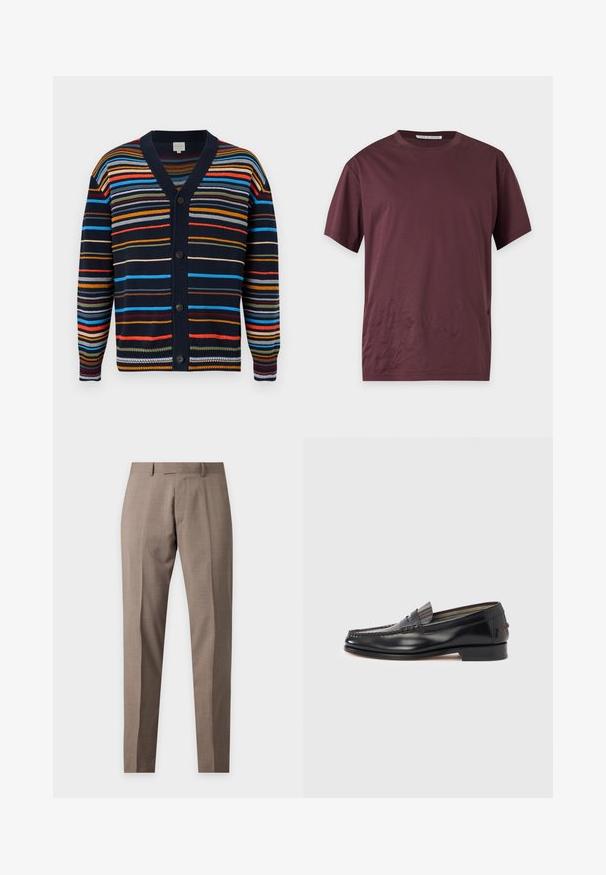Cardigan bleu marine avec des rayures horizontales multicolores, col en V, manches longues et boutons noirs sur le devant.; T-shirt manches courtes à col rond de couleur bordeaux foncé uni, présenté à plat sur un fond clair.; Pantalon beige coupe slim avec passants de ceinture et pli frontal, présenté à plat sur un fond uni.; Mocassins en cuir noir avec un design de style mocassin, présentant une bande décorative et un détail de couture sur le dessus. Talon bloc bas.