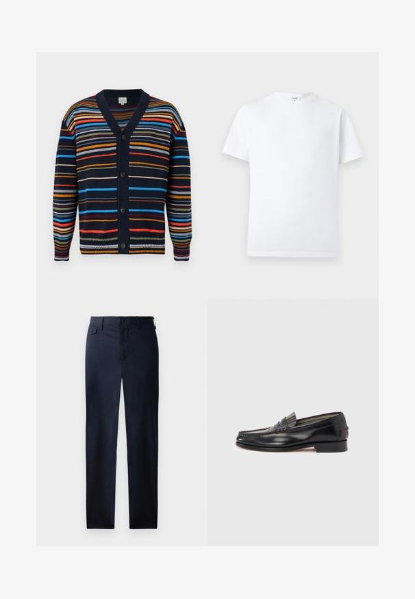 Cardigan bleu marine avec des rayures horizontales multicolores, col en V, manches longues et boutons noirs sur le devant.; T-shirt blanc uni à manches courtes et col rond, avec une petite étiquette intérieure au niveau de l'encolure, présenté sur un fond neutre.; Pantalons droits bleu marine en tissu lisse. Équipés d'une braguette zippée, d'une fermeture à bouton et d'une poche latérale discrète. Aucun motif visible.; Mocassins en cuir noir avec un design de style mocassin, présentant une bande décorative et un détail de couture sur le dessus. Talon bloc bas.