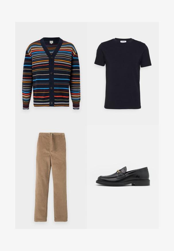 Cardigan bleu marine avec des rayures horizontales multicolores, col en V, manches longues et boutons noirs sur le devant.; T-shirt noir à manches courtes avec un col ras-du-cou, muni d'une petite étiquette blanche à l'intérieur du col.; Pantalons en velours côtelé marron avec taille élastique et cordon de serrage à l'avant, coupe droite, présentés sur fond blanc.; Mocassins en cuir noir avec un embout rond, présentant des accents en métal doré et des détails de couture, montés sur une semelle en caoutchouc texturé et basse.