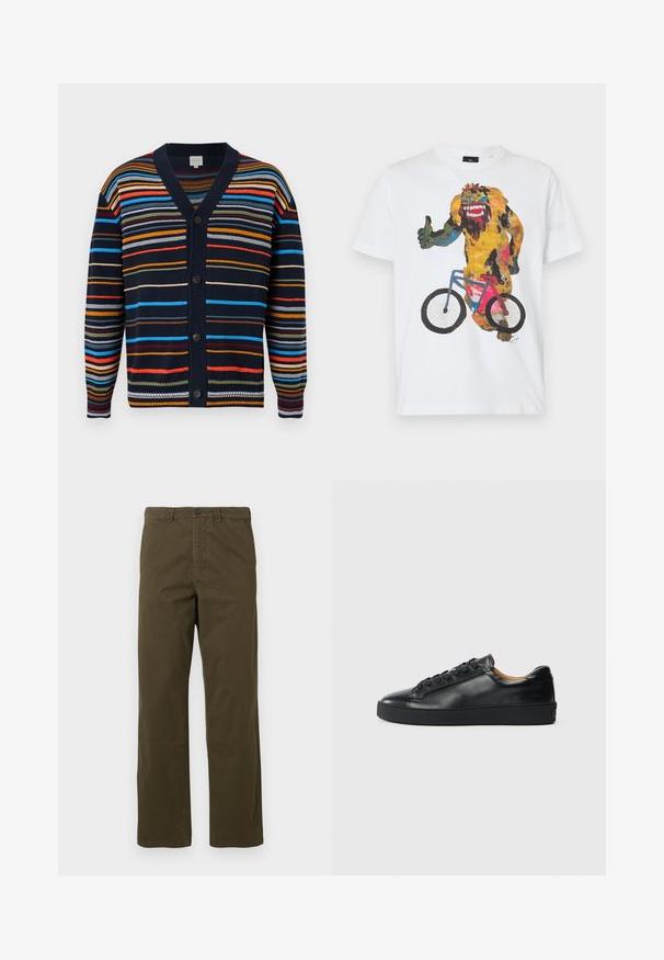 Cardigan bleu marine avec des rayures horizontales multicolores, col en V, manches longues et boutons noirs sur le devant.; T-shirt en coton blanc avec un graphique coloré représentant un personnage faisant un signe de pouce en l'air tout en faisant du vélo.; Pantalons en coton marron pour hommes, coupe droite, avec passants de ceinture, bouton frontal et fermeture éclair sur fond clair.; Baskets en cuir noir avec une texture lisse, bout rond et fermeture à lacets. Comprend une semelle en caoutchouc épaisse et un minimum de détails de marque.