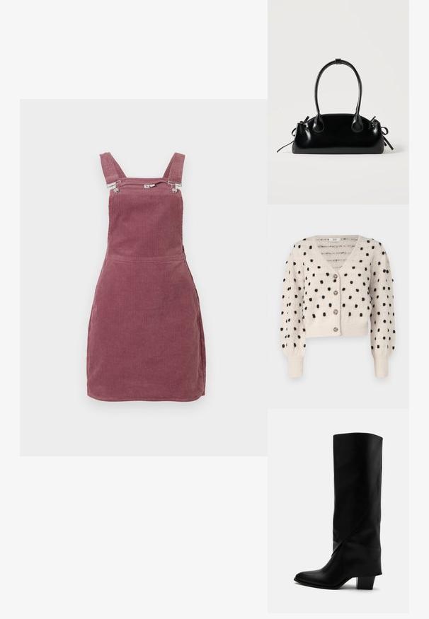JDY SIGRID LIFE VNECK STRUC - Chaqueta de punto - cement; Vestido de pana en rosa empolvado, con tirantes ajustables y herrajes de metal. Tela texturizada con estrías verticales y un diseño ajustado.; Bota alta de cuero negro con costuras anguladas, puntera puntiaguda y tacón grueso de altura media sobre fondo blanco.; Pequeño bolso negro brillante con dos asas largas y detalles de cordón lateral sobre un fondo claro liso.