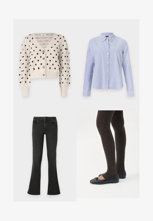 JDY SIGRID LIFE VNECK STRUC - Vest - cement; Overhemd met lange mouwen en knopen, met witte en lichtblauwe verticale strepen en een puntige kraag, weergegeven op een effen achtergrond.; Zwarte flared jeans van denim. Heeft een hoge taille, voorzakken en een minimalistisch ontwerp. De stiksels zijn zichtbaar langs de naden.; Benen met donkere geribbelde leggings gecombineerd met zwarte ballerina's met kleine strikdetails op een witte achtergrond.
