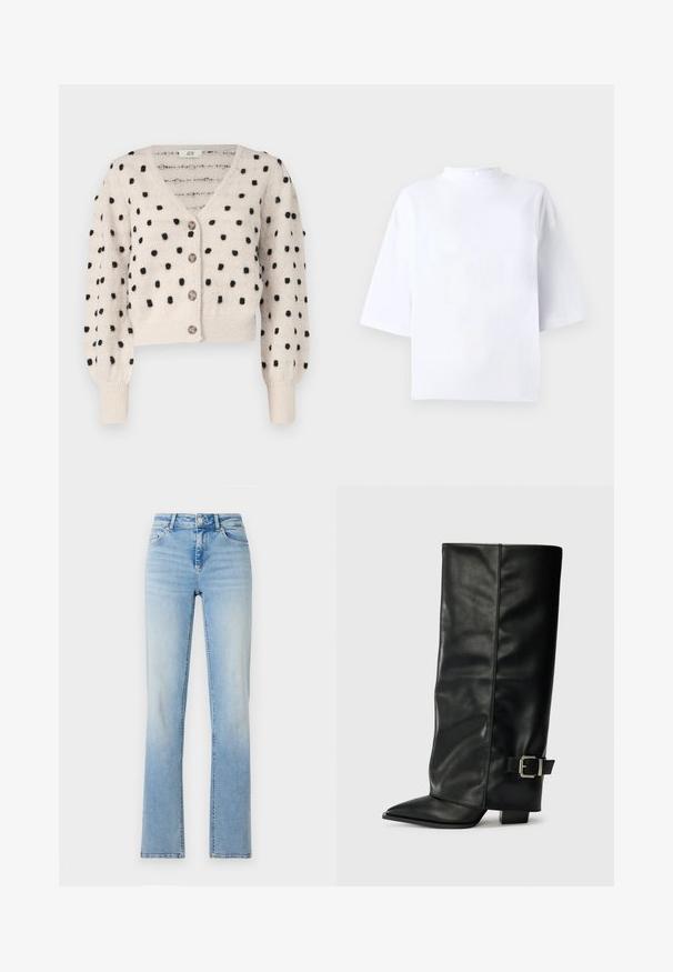 JDY SIGRID LIFE VNECK STRUC - Vest - cement; Witte katoenen top met korte mouwen, een hoge, afgeronde halslijn en een losse pasvorm. Gladde textuur, zonder zichtbare patronen of accenten.; Lichtblauwe denim jeans met een hoge taille, rechte pijpen en subtiele vervaging. Voorzien van vijf zakken en riemlussen.; Zwarte leren enkellange laarzen met een spitse neus, een gladde textuur en een zilveren gesps Accent aan de zijkant. Stevige vierkante hak.