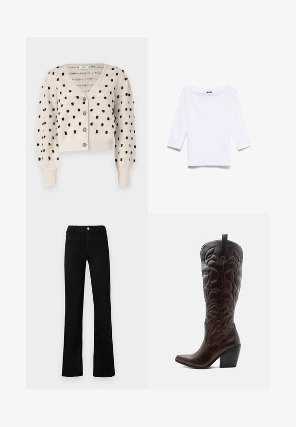 JDY SIGRID LIFE VNECK STRUC - Vest - cement; Witte driekwartmouwen shirt gemaakt van een katoenen mix; beschikt over een brede bootnek en een gladde, lichte textuur.; Zwarte hoge taille straight-leg jeans met voorzakken en een koperen knoopsluiting op een neutrale achtergrond.; Lange donkerbruine leren cowboylaars met gestikte decoratieve patronen, spitse neus en gestapelde blokhak.