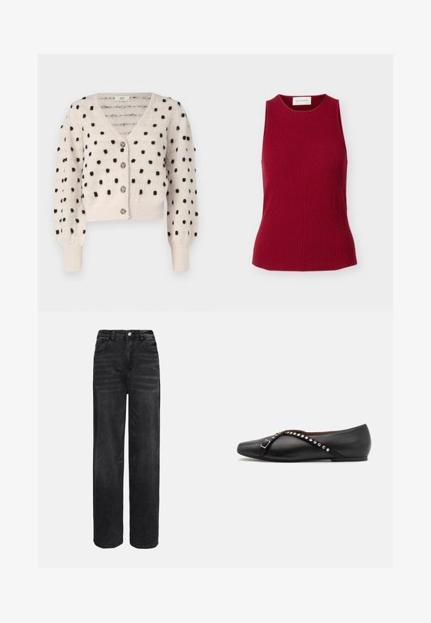 JDY SIGRID LIFE VNECK STRUC - Cardigan - cement; Ærmeløs rød tekstureret top med rund halsudskæring og tætsiddende lodrette sømdetaljer, vist på en ensfarvet hvid baggrund.; Sorte denim wide-leg jeans med høj talje, fem lommer og frontknaplukning. Glat tekstur med en let falmningseffekt.; Sorte læder fladsko med spids toe, prydet med en dekorativ rem med sølvnitter og en spænde detalje. Glat tekstur, minimalistisk design.