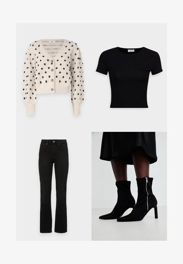 JDY SIGRID LIFE VNECK STRUC - Cardigan - cement; Sort kortærmet t-shirt lavet af glat bomuldsstof, med rund halsudskæring og en tætsiddende pasform. Minimalistisk uden synlige mønstre.; Sorte denimjeans med en flagrende benedesign, mellemhøj talje, fem lommer og knaplukning. Materialet har en glat, robust tekstur.; Sorte ankelstøvler med en strækbart stofoverdel, spids tå og en sidelukning med lynlås, sat på en slank, høj hæl.