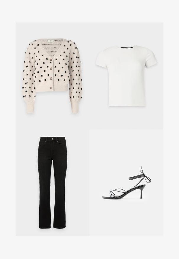 JDY SIGRID LIFE VNECK STRUC - Cardigan - cement; Hvid kortærmet ribstrikket t-shirt med rund halsudskæring, vist på en ensartet lys grå baggrund.; Sorte denimjeans med en flagrende benedesign, mellemhøj talje, fem lommer og knaplukning. Materialet har en glat, robust tekstur.; Sort højhælet sandal med tynde stropper omkring anklen og en mellemhøj stilethælt på en hvid baggrund.