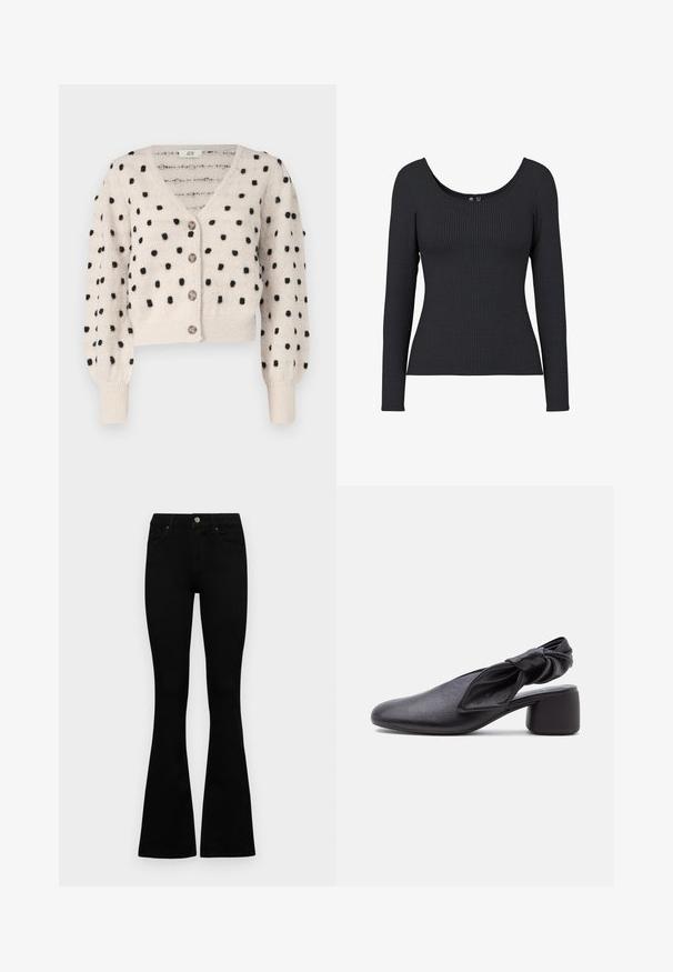 JDY SIGRID LIFE VNECK STRUC - Cardigan - cement; Sort ribbet langærmet top med en rund halsudskæring. Materialet er blødt og strækbart, og har en vertikal ribstruktur over hele toppen.; Sorte højtaljede jeans med knap- og lynlåslukning, forlommer og flagrende ben, lagt fladt på en hvid baggrund.; Sort læder slingback-sko med rundet tå, detaljer med knyttet rem og lav blokhæl på hvid baggrund.