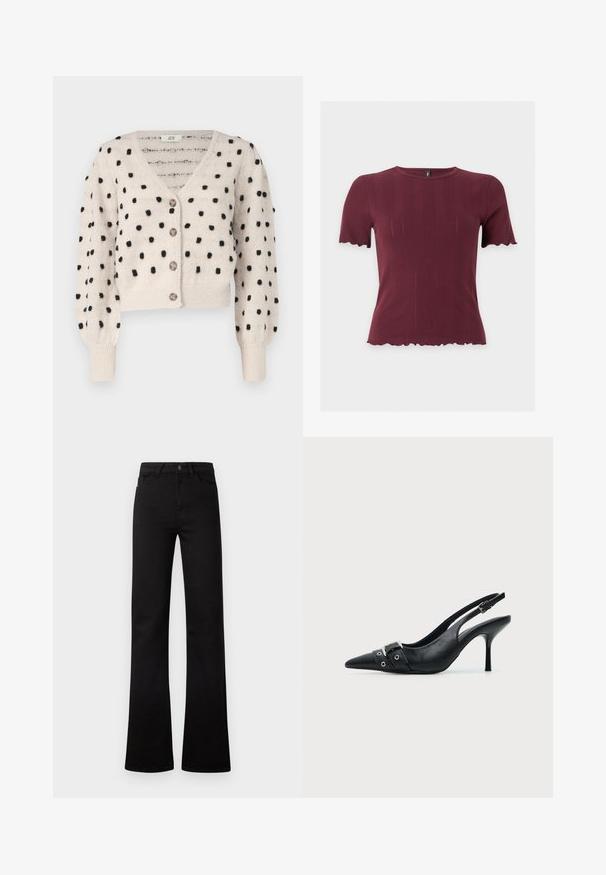 JDY SIGRID LIFE VNECK STRUC - Vest - cement; Kortermig bordeaux gebreid topje met geschulpte randen aan mouwen en zoom, met een ronde halslijn en subtiele verticale structuur.; Zwarte high-waist jeans met rechte pijpen, voorzakken, riemlussen, een knoopsluiting en licht uitlopende zoom op een witte achtergrond.; Zwarte leren pumps met hoge hak en slingback, met een puntige neus en een gesp- en oogjesriem detail aan de voorkant.