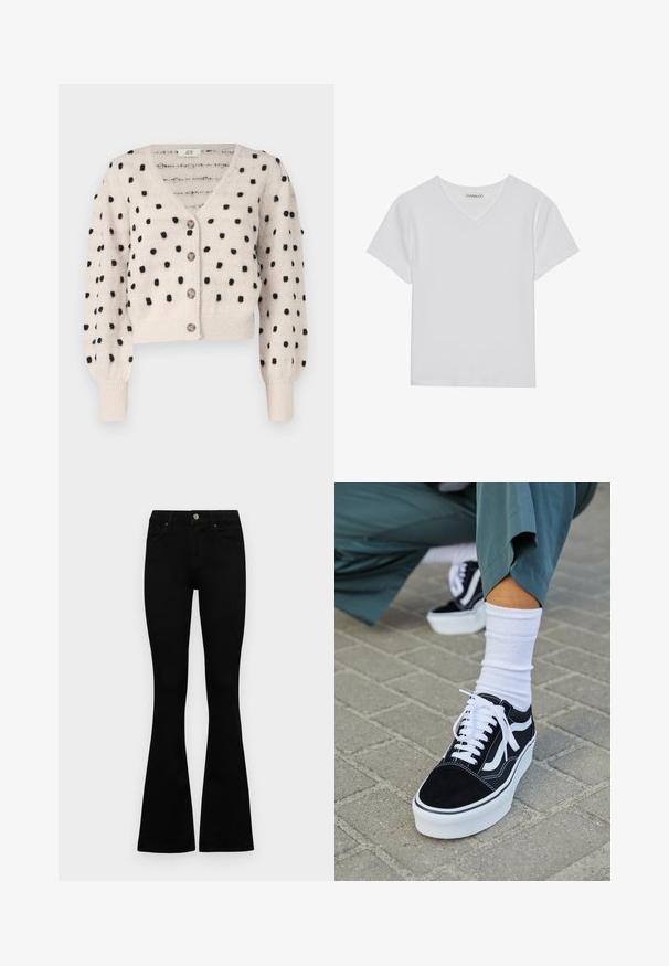 JDY SIGRID LIFE VNECK STRUC - Chaqueta de punto - cement; Camiseta blanca de manga corta y cuello en V, hecha de tela acanalada. Presenta un diseño limpio con un dobladillo recto y un detalle mínimo.; Jeans negros de cintura alta con cierre de botón y cremallera, bolsillos frontales y piernas acampanadas, dispuestos sobre un fondo blanco.; Zapatillas de ante negro con acentos y cordones blancos, que cuentan con una gruesa suela blanca y costuras en contraste, combinadas con un calcetín blanco.