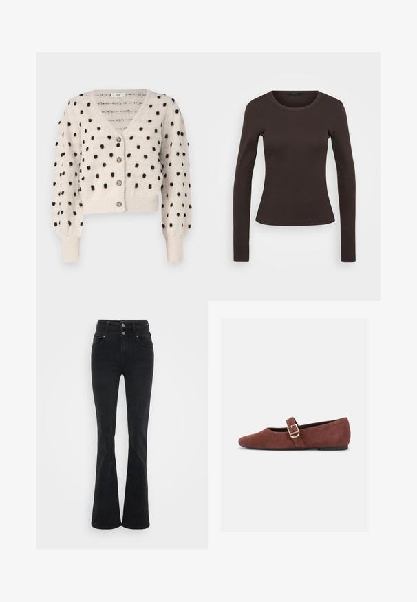 JDY SIGRID LIFE VNECK STRUC - Chaqueta de punto - cement; Camiseta de manga larga color marrón hecha de tela acanalada, con un cuello redondo y una silueta ajustada.; Vaqueros negros acampanados de mezclilla, con cintura alta, dos botones y bolsillos frontales. La tela tiene una textura suave con un ligero estiramiento.; Zapato plano Mary Jane de gamuza marrón con una correa de hebilla dorada y suela negra sobre fondo blanco.