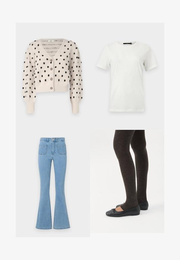 JDY SIGRID LIFE VNECK STRUC - Chaqueta de punto - cement; Camiseta blanca lisa de manga corta con cuello redondo y dobladillo recto, mostrada plana sobre un fondo claro.; Jeans acampanados de color azul claro con una cintura alta, cinco bolsillos y una textura de denim suave con costuras decorativas a lo largo de las costuras.; Piernas con leggings oscuros acanalados combinados con bailarinas negras que presentan pequeños detalles de lazo sobre un fondo blanco.