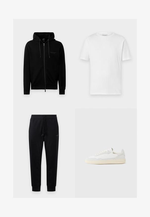 Haut à zip noir fabriqué en mélange de coton. Comprend une capuche, des cordons de serrage et un petit logo sur la poitrine gauche. Texture lisse, poignets côtelés.; T-shirt blanc à manches courtes en coton. Présente un col rond et un ourlet droit. Sans motifs ni embellissements. Design simple.; Pantalon de survêtement noir avec une taille à cordon, poches latérales et bas côtelés. Fabriqué en tissu doux, avec un détail de logo discret sur la cuisse.; Baskets blanches avec dessus en daim et cuir texturé. Caractérisées par un bout arrondi, une fermeture à lacets et une semelle en caoutchouc beige contrastante.