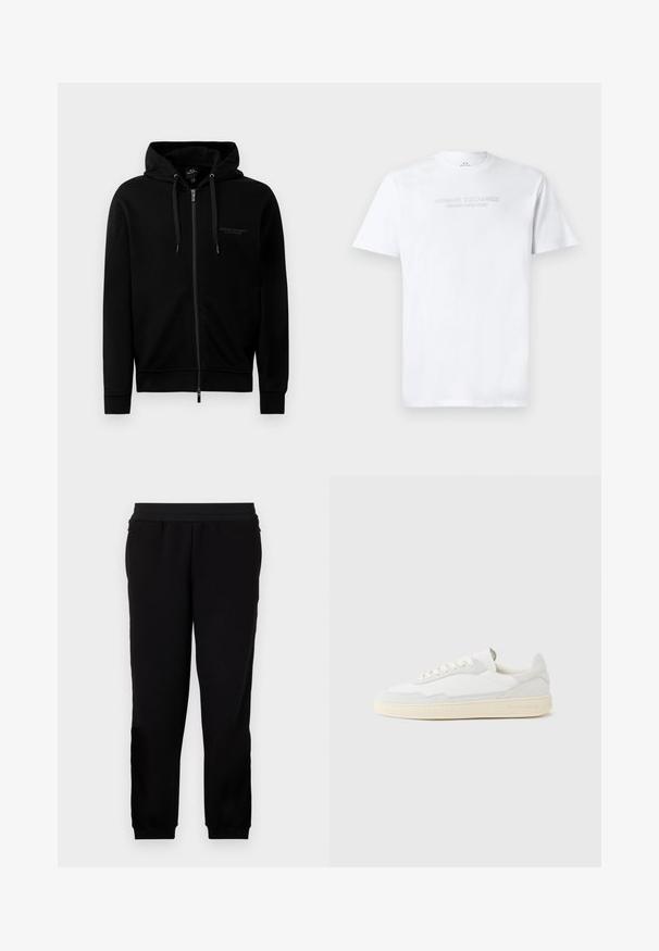 Zwarte zip-up hoodie gemaakt van een katoenmix. Heeft een capuchon, trekkoorden en een klein logo op de linkerborst. Soepele textuur, ribbelboorden.; Witte katoenen t-shirt met een ronde hals, korte mouwen en een reliëflogo "ARMANI EXCHANGE MILANO/NEW YORK" op de voorkant.; Zwarte sportbroek gemaakt van zachte stof, met een elastische tailleband, getailleerde manchetten en zijzakken voor extra gemak.; Witte sneaker met een bovenwerk van gestructureerd suède en leer. Voorzien van een afgeronde neus, vetersluiting en een contrasterende beige rubberen zool.