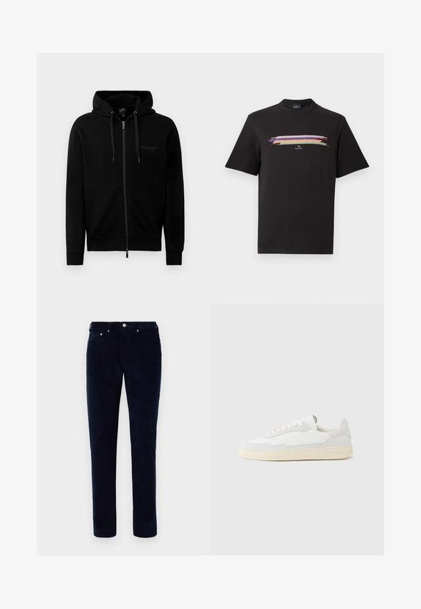 Haut à zip noir fabriqué en mélange de coton. Comprend une capuche, des cordons de serrage et un petit logo sur la poitrine gauche. Texture lisse, poignets côtelés.; T-shirt noir à manches courtes et col rond avec un motif de coups de pinceau horizontaux multicolores et un petit texte blanc "PS Paul Smith" au centre de la poitrine.; Pantalons en velours côtelé bleu foncé pour hommes, coupe ajustée, avec poches avant et arrière, passants de ceinture et fermeture à bouton.; Baskets blanches avec dessus en daim et cuir texturé. Caractérisées par un bout arrondi, une fermeture à lacets et une semelle en caoutchouc beige contrastante.