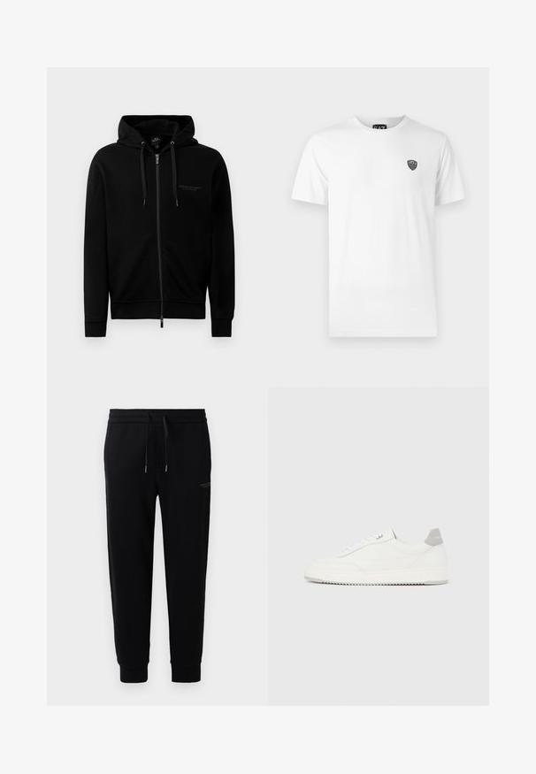Zwarte zip-up hoodie gemaakt van een katoenmix. Heeft een capuchon, trekkoorden en een klein logo op de linkerborst. Soepele textuur, ribbelboorden.; Witte katoenen t-shirt met korte mouwen, voorzien van een klein zwart logo op de linkerborst. Klassiek ronde hals ontwerp.; Zwarte joggingsbroek van katoenmix met een elastische tailleband met trekkoord, boordjes aan de enkels en een subtiele logo-print aan de zijkant.; Witte lage sneaker met grijze hielpatch, witte veters en een gestructureerde zool, gepresenteerd op een effen lichte achtergrond.