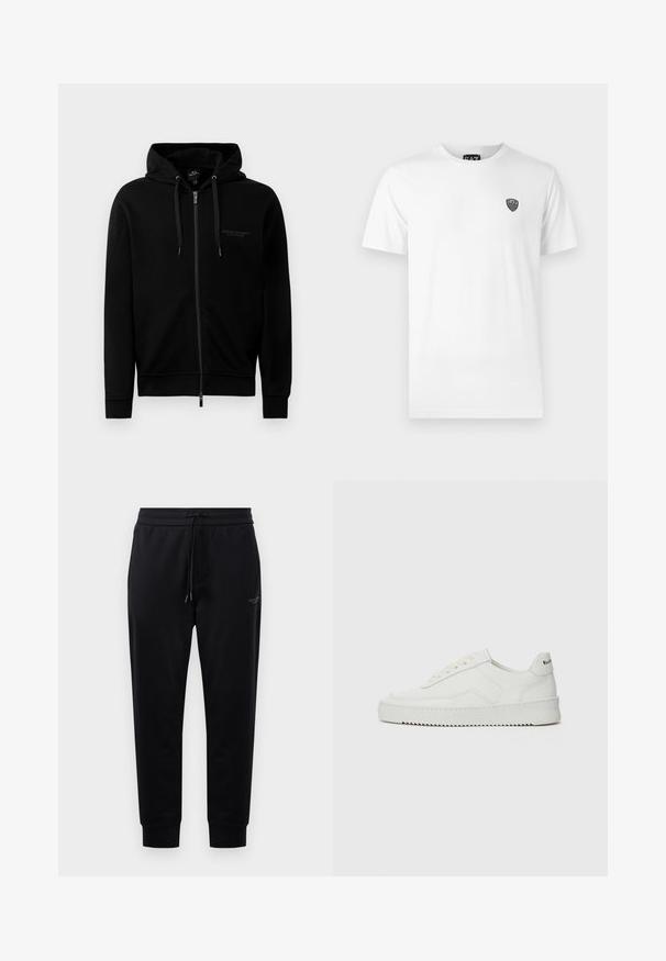 Zwarte zip-up hoodie gemaakt van een katoenmix. Heeft een capuchon, trekkoorden en een klein logo op de linkerborst. Soepele textuur, ribbelboorden.; Witte katoenen t-shirt met korte mouwen, voorzien van een klein zwart logo op de linkerborst. Klassiek ronde hals ontwerp.; Zwarte sweatpants met een tailleband met trekkoord, zijzakken en geribbelde boorden. Gemaakt van zacht materiaal, met een subtiele logodetail op de dij.; Witte leren sneaker met een gladde afwerking, ronde neus, platte veters en een gestructureerde zool. Kenmerkt zich door een subtiel logo op de hiel.