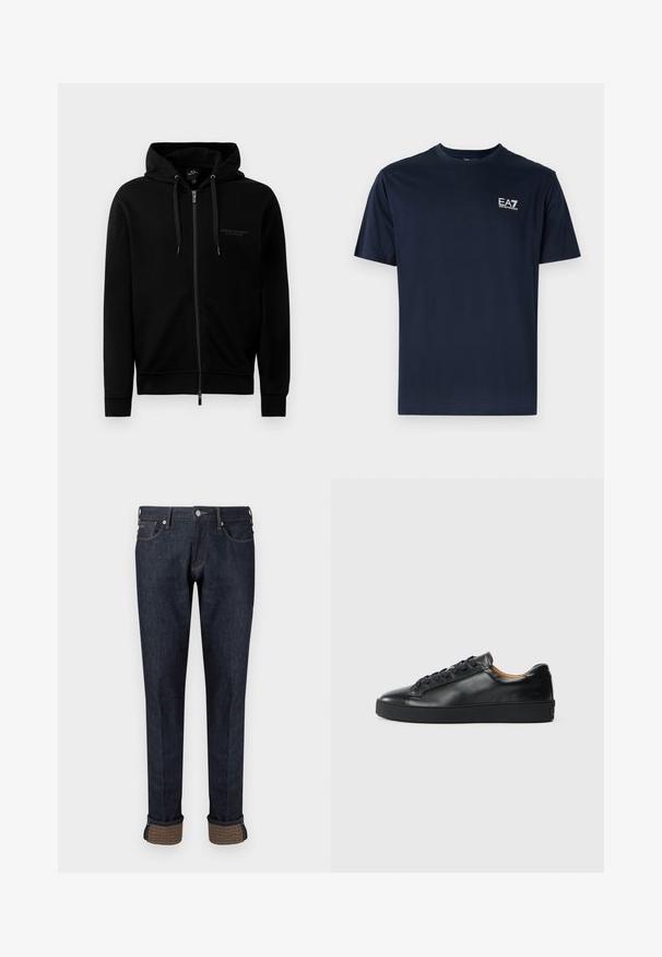 Zwarte zip-up hoodie gemaakt van een katoenmix. Heeft een capuchon, trekkoorden en een klein logo op de linkerborst. Soepele textuur, ribbelboorden.; Navyblauwe katoenen t-shirt met korte mouwen, ronde halslijn en EA7-logo aan de linkerbovenkant in het wit. Gladde textuur, casual ontwerp.; Donkerblauwe denim jeans met een rechte pijp, voorzien van een omslag aan de zoom en een merkaccent van tan stof op de omslagen.; Zwarte leren sneaker met een gladde textuur, ronde neus en vetersluiting. Heeft een dikke rubberen zool en minimale merkaanpassing.