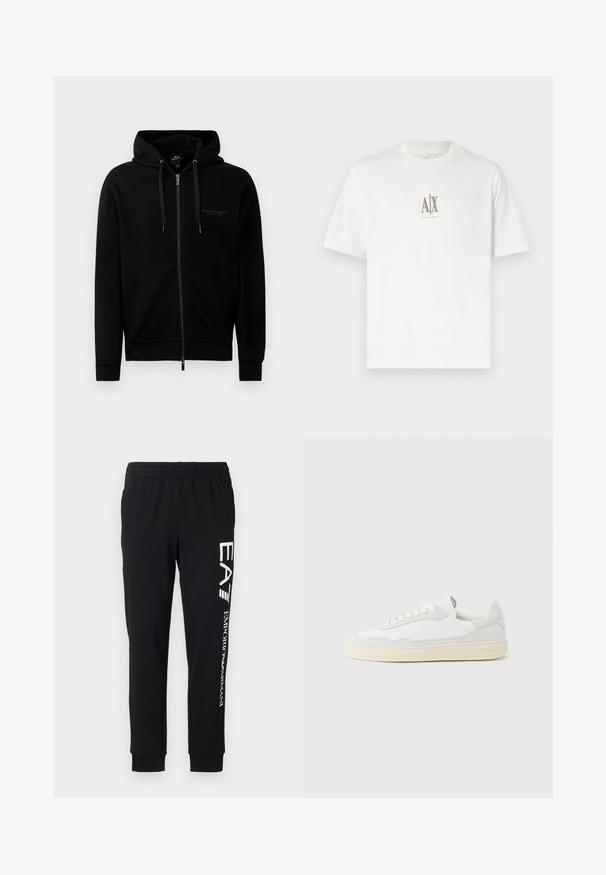 Sort zip-up hættetrøje lavet af en blanding af bomuld. Har en hætte, snore og et lille logo på venstre bryst. Glat tekstur, ribbede manchetter.; Hvid bomulds T-shirt med rund hals. Har et lille beige logo "A|X" og "ARMANI EXCHANGE" trykt nedenunder. Kortærmet, almindelig pasform.; Sorte sweatpants lavet af strækbart stof. Har en elastisk talje, tapered manchetter og hvid branding på venstre ben.; Hvid sneakers med en øvre del i tekstureret ruskind og læder. Har rundet tå, snørelukning og kontrasterende beige gummisål.
