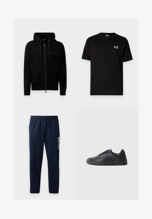 Haut à zip noir fabriqué en mélange de coton. Comprend une capuche, des cordons de serrage et un petit logo sur la poitrine gauche. Texture lisse, poignets côtelés.; T-shirt en coton noir à manches courtes, col rond, avec un petit logo EA7 blanc sur la poitrine gauche. Texture lisse, coupe régulière.; Pantalons de survêtement bleu marine avec une taille élastique, des jambes fuselées et un logo blanc sur le côté. Tissu lisse avec une texture légère.; Chaussure de sport en cuir noir avec une finition lisse, bout arrondi, panneau latéral texturé et lacets noirs. Présente une semelle en caoutchouc plate et un design minimaliste.