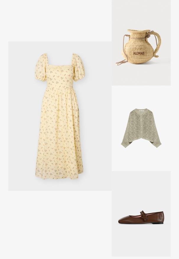 Cardigan tricoté beige clair avec motif ajouré, col rond, manches longues et fermeture à boutons sur le devant.; Robe midi jaune avec manches bouffantes, encolure carrée, imprimé floral délicat et taille froncée.; Chaussure plate Mary Jane en cuir marron avec bride à boucle ronde et semelle noire sur fond gris clair.; Sac à main rond en paille tissée avec une anse en corde et "ALEMAIS" brodé sur le côté en fil marron.