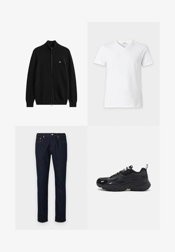 Sort cardigan med lynlås, ribstrikket krave og manchetter. Lavet af blødt materiale med et lille broderet logo på brystet.; Enkelt hvid T-shirt med V-hals og korte ærmer, vist på en neutral baggrund med en synlig kravelabel med teksten "FILIPPA K."; Mørke denim jeans med lige ben, der har kontrastsyning, fem-lomme stil og knaplukning i taljen.; Sort løbesko med en tekstureret overdel, glatte syntetiske detaljer, tyk sål og reflekterende elementer. Har et snørebåndsdesign og en pull tab.