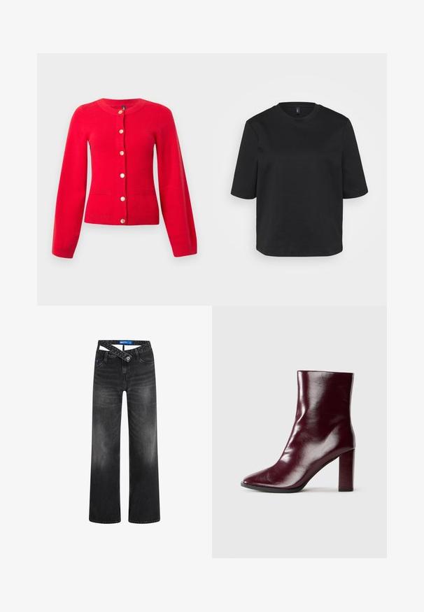 Cardigan rouge avec un col rond, des manches longues, des fermetures à bouton en or et deux poches frontales. Il présente un ourlet et des poignets côtelés.; T-shirt noir à col rond en coton, avec des manches courtes et une coupe décontractée. Texture lisse sans motifs ni accents visibles.; Jean large noir à finition délavée, doté d'un design de ceinture croisé unique, de cinq poches et d'un bouton de fermeture standard.; Botte en cuir bordeaux foncé brillant mi-mollet avec bout pointu et talon bloc haut sur fond neutre.