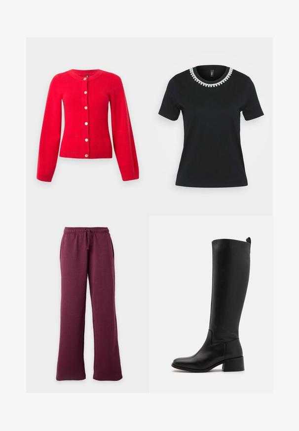 Cardigan rouge avec un col rond, des manches longues, des fermetures à bouton en or et deux poches frontales. Il présente un ourlet et des poignets côtelés.; T-shirt en coton noir avec manches courtes et décolleté rond. Présente un design décoratif en perles au niveau du col, la surface est lisse.; Pantalon de survêtement bordeaux à jambes larges avec ceinture élastique et cordon, poches avant, présenté sur un fond clair uni.; Botte noire montée à hauteur de genou en cuir lisse avec un talon blocs, une pointe arrondie et un design élégant sans embellissement.