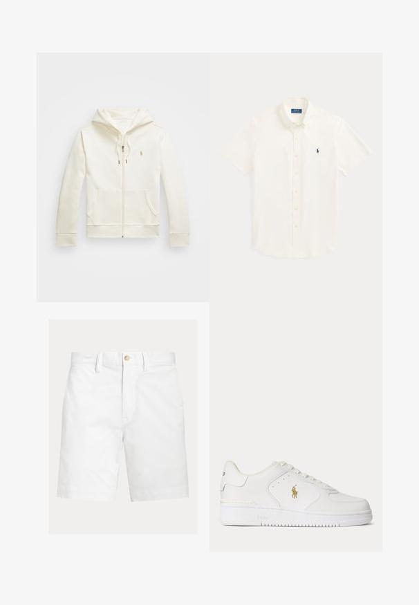 Crème-kleurige rits-hoodie gemaakt van zachte stof, met een voorzak, trekkoordcapuchon en klein logo op de borst.; Wit overhemd met korte mouwen, knopen, kraag en een klein donkerblauw Polo Ralph Lauren-logo op de linkerborst.; Witte knielange shorts met riemlussen en een bruine knoopsluiting in de taille, weergegeven op een effen achtergrond.; Witte lage leren sneaker met witte veters en een gouden Polo Ralph Lauren-logo aan de zijkant en "Polo" in de zool gegraveerd.
