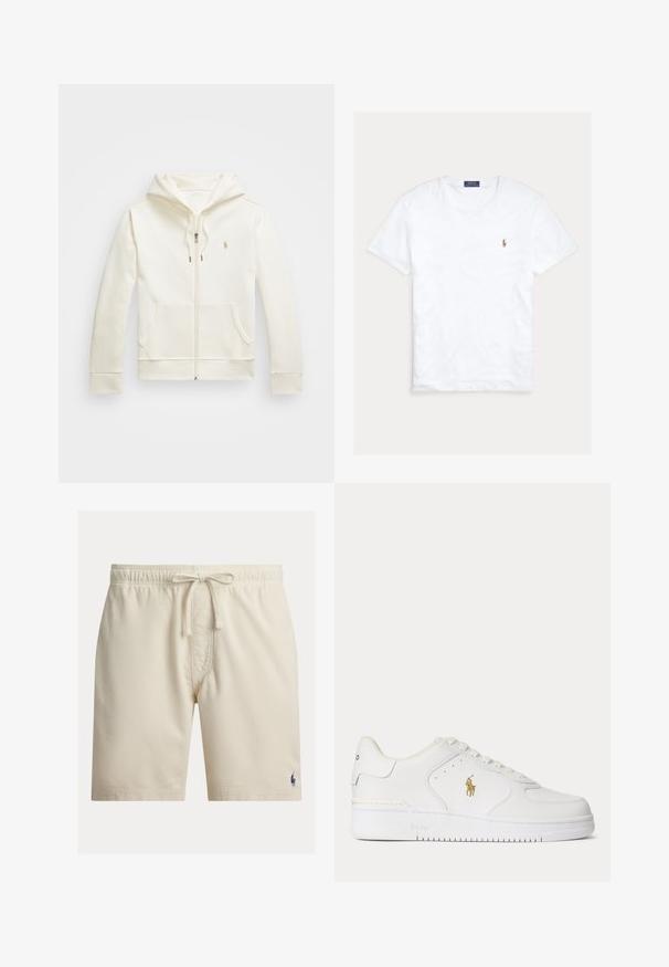Cremfarbener Reißverschluss-Hoodie aus glattem Stoff, mit einer Vordertasche, einer Kapuze mit Kordelzug und einem kleinen Logo auf der Brust.; Weißes T-Shirt mit Rundhalsausschnitt und kurzen Ärmeln, mit kleinem gesticktem Polo Ralph Lauren Logo auf der linken Brust und blauem Markenetikett innen am Kragen.; Beige Herren-Shorts mit elastischem Bund und Kordelzug, mit einem kleinen dunklen Logo am unteren linken Bein.; Weißer Leder-Sneaker mit niedrigem Schnitt, weißen Schnürsenkeln und einem goldfarbenen Polo Ralph Lauren-Logo an der Seite sowie "Polo" auf der Sohle geprägt.