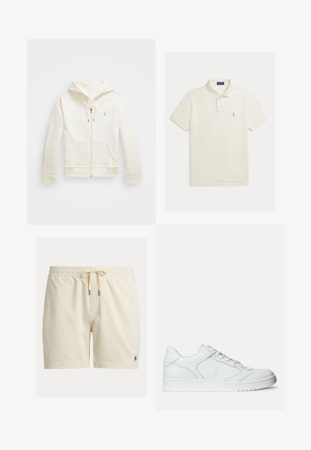 Cremfarbener Reißverschluss-Hoodie aus glattem Stoff, mit einer Vordertasche, einer Kapuze mit Kordelzug und einem kleinen Logo auf der Brust.; Kurzärmeliges, off-white Poloshirt mit Kragen, Zweiknopf-Leiste und kleinem Sticklogo auf der linken Brust.; Beige Cord-Shorts mit elastischem Bund und Kordelzug, mit kleinem dunkel besticktem Logo am unteren linken Bein.; Weißer Ledersneaker mit glatter Textur, ausgestattet mit einer perforierten Zehenpartie, Schnürverschluss und gesticktem Logo an der Seite. Weiße Gummisohle.