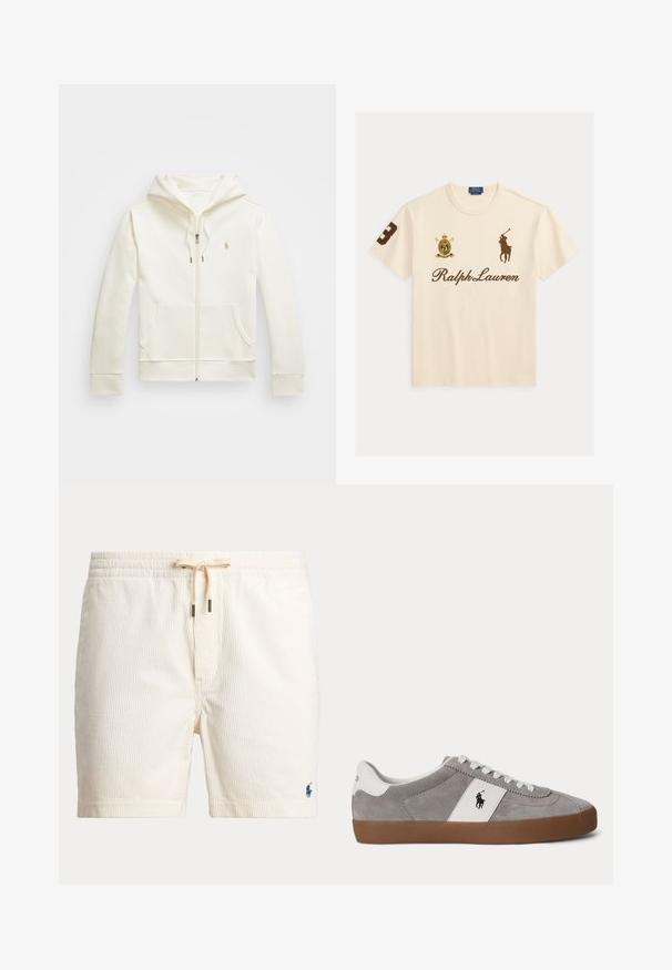 Cremfarbener Reißverschluss-Hoodie aus glattem Stoff, mit einer Vordertasche, einer Kapuze mit Kordelzug und einem kleinen Logo auf der Brust.; Cremefarbenes Ralph Lauren T-Shirt mit braunem Polo-Spieler-Logo, Nummer 3 am rechten Ärmel und Wappenemblem auf der linken Brust.; Cremefarbene Cord-Shorts mit elastischem Bund, Kordelzug und kleinem marineblau besticktem Logo nahe dem Saum am linken Bein.; Low-Top grauer Wildleder-Sneaker mit weißen Schnürsenkeln, weißer Ferse und Seitenpanel mit schwarzem Polo-Spieler-Logo und brauner Gummisohle.