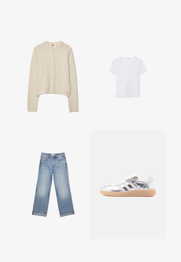 Cardigan beige clair en tissu doux, avec un col rond, des manches longues et une fermeture à boutons avant avec sept boutons.; T-shirt blanc à manches courtes en tissu doux. Dispose d'un col rond et d'un design simple et épuré avec un ourlet droit.; Jean en denim bleu clair avec un design à jambes larges, présentant un ourlet effiloché, un léger effet usé et un style classique à cinq poches.; Baskets Adidas Spezial métalliques argentées avec des rayures blanches et une semelle en gomme, vues de profil gauche sur un fond blanc uni.